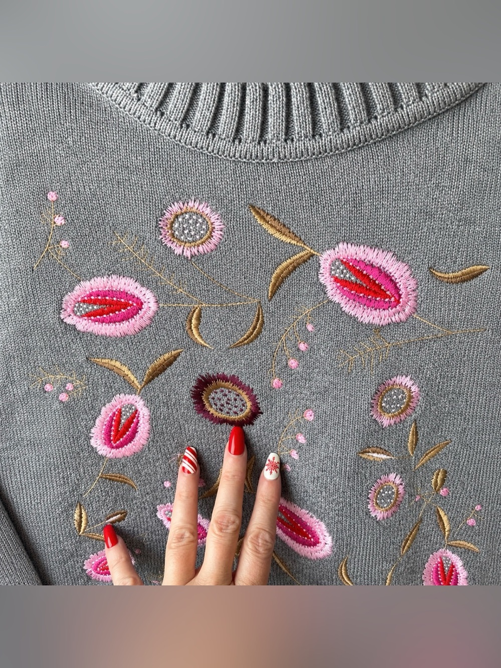 Floryday Gray and Pink Floral Embroidered Sweater Size S - Picture 7 of 8